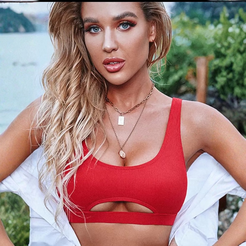 Shein Cut Out Bikini Top Red Removable Padding Size XS